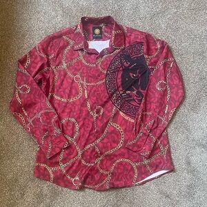 Platini Red, Gold, Black Chain Pattern Men's Shirt Rhinestones XL Gorgeous